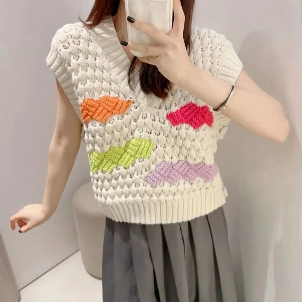 ZARA Ecru Crochet Sweater Vest V-Neck Sleeveless Colour Block Cream S - Picture 9 of 9
